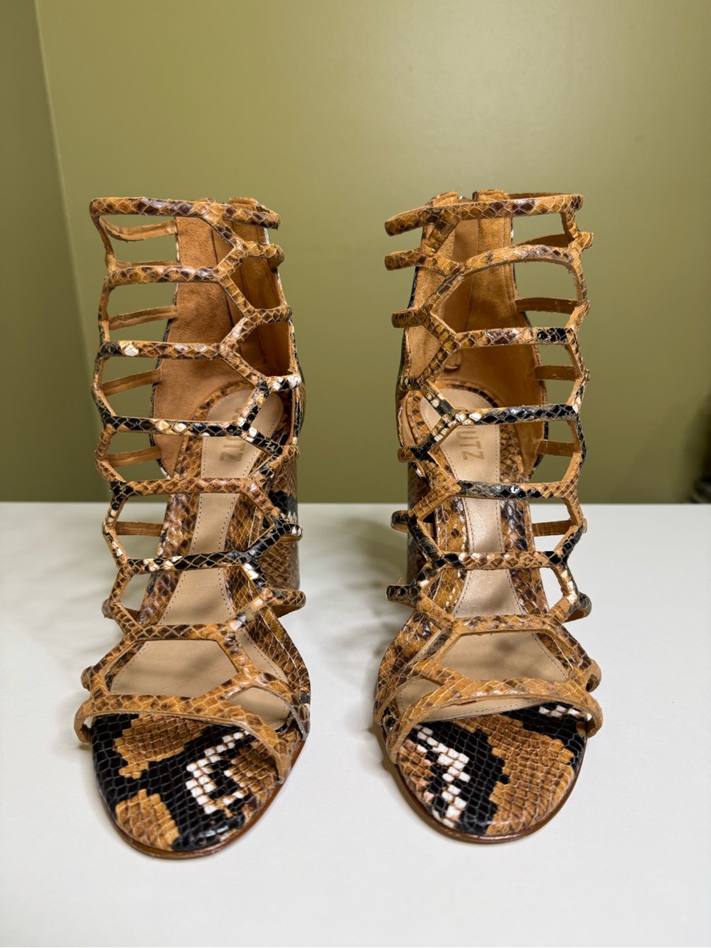 Schultz Tan Snake-Print Cage Heeled Sandals